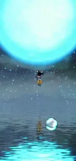 Anime character beneath glowing blue sphere on water.