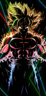 Intense anime character with neon energy aura on a dark background.