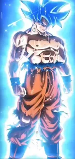 Anime character with vibrant blue aura and orange pants, exuding energy.