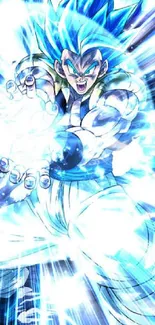 Epic anime character with electric blue aura and energy in a dynamic pose.