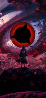 Anime wallpaper with a fiery red eye and a cloaked figure standing before it.