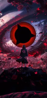 Anime character stands before a giant eye with red aura.