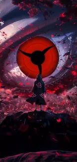 Epic anime eye with mysterious figure and red hue background.