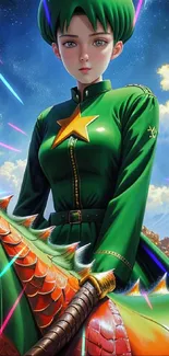 Anime character in green attire with a celestial background and dragon imagery.