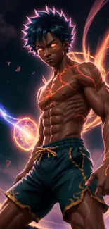 Epic anime character with fiery aura and muscular physique on dark background.