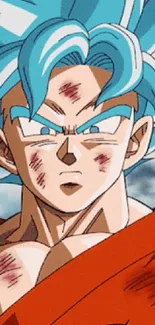 Epic anime fighter with blue hair and battle marks in orange attire.