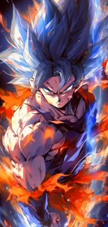 Anime fighter surrounded by flames and blue energy.