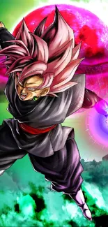 Dynamic anime fighter with vibrant cosmic background.