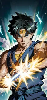 Anime fighter with electric energy bursts in dynamic action pose.