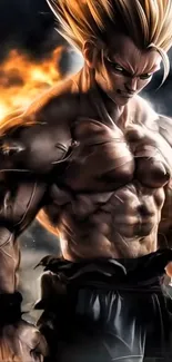 Epic anime fighter with fiery background.