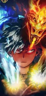 Anime character with fire and ice powers, featuring a dragon in vibrant colors.