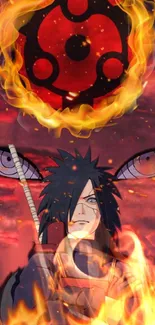 Anime character with fiery red and black symbol, surrounded by dramatic flames.