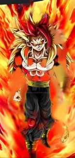 Anime character in fiery red-orange flames with dynamic energy.