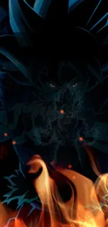 Epic anime character in flames with dark background.