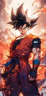 Anime character in fiery orange aura background.