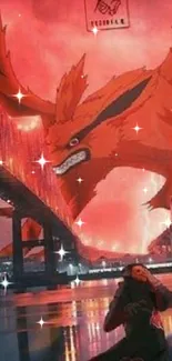 Anime-inspired scene with giant fox over bridge, glowing red.