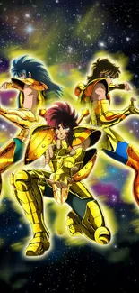 Golden-armored anime warriors in a cosmic galaxy backdrop.