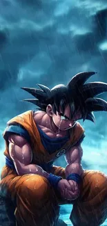 Anime hero in the rain, deep in thought