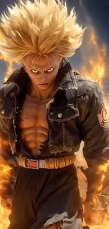 Anime warrior engulfed in intense flames.