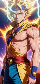 Vibrant anime hero with yellow lightning and fiery background.