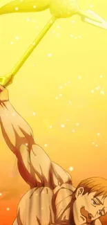 Epic anime hero holding a weapon in vibrant yellow backdrop.