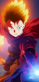 Dynamic anime hero in action with vibrant colors and striking scene.