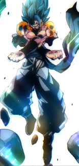 Anime hero in epic action pose floating with dynamic energy.