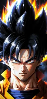 Anime hero with fiery aura and intense expression, vibrant colors