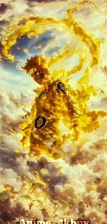 Anime hero stands amidst golden swirling clouds.