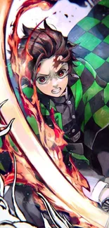 Dynamic anime character with fiery aura and green checkered cloak.