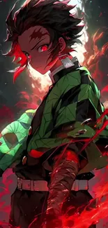 Anime character with red and green theme.