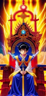 Anime king on fiery throne with ornate details and vibrant colors.