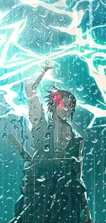 Anime character in rain with lightning background.