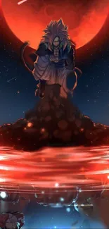 Anime character under a red moon in a cosmic setting.