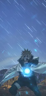 Anime character under a night sky with shooting stars, vibrant blue theme.