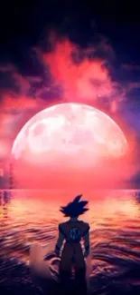 Anime character gazes at crimson moon over ocean.