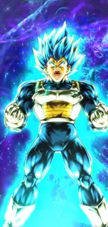 Anime character with blue aura and explosive energy background.