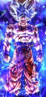 Anime character with vibrant blue energy aura in an epic pose.