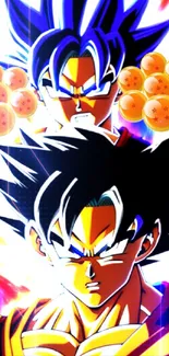 Intense anime characters with vibrant colors and dragon balls in dynamic artwork.