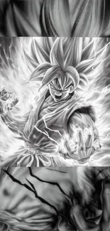 Epic anime character with lightning power in monochrome design.