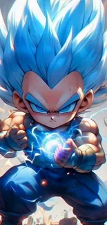 Chibi anime character with electric power and blue aura.