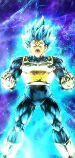 Anime character with vibrant blue energy aura.