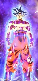 Anime hero with a glowing blue violet aura in a dynamic pose.