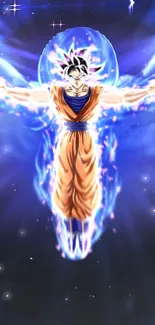 Anime character with glowing blue aura in dynamic pose.