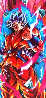 Anime character exuding energy with vibrant red and blue colors.