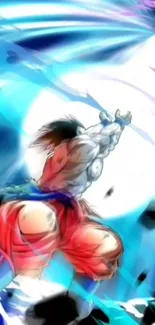 Anime character in power-up scene with blue aura.