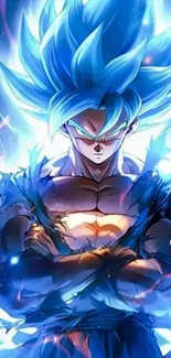 Anime character with blue energy aura and intense pose.