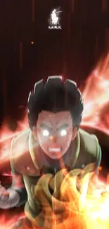 Anime character with fiery energy aura in dynamic power pose.