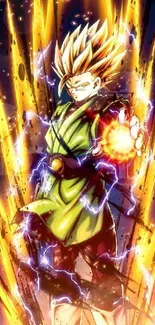 Anime character with power aura surrounded by golden energy and lightning.