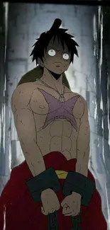 Muscular anime prisoner in chains inside a dark dungeon setting.